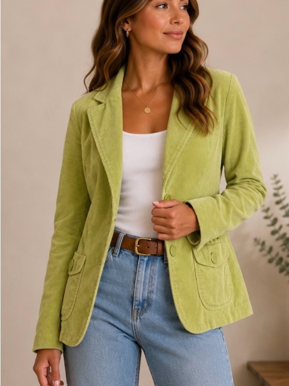 Paris Blues Lime Green Corduroy Blazer Jacket w/ floral interior